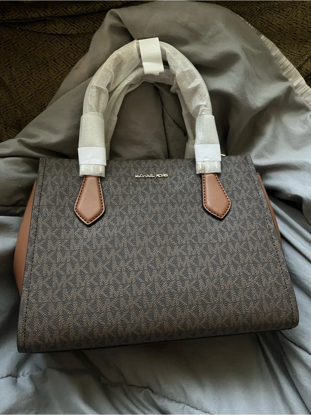 Michael Kors Dark Brown Logo Satchel with Tan Accents